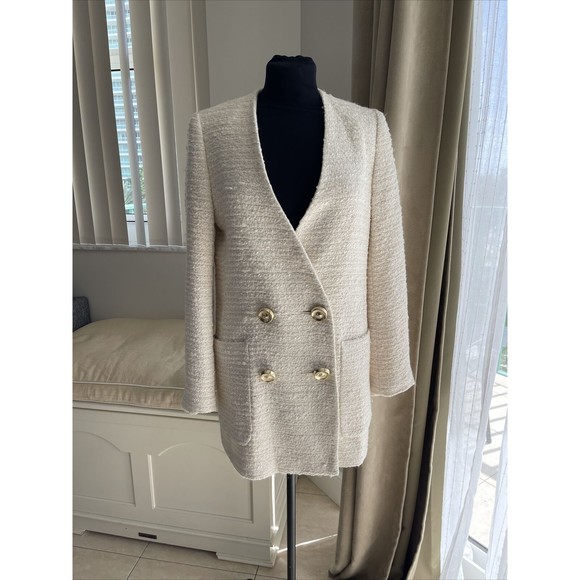 Zara Jackets & Blazers - ZARA White & Gold Tweed Textured Double Breasted Jacket Blazer Frock Coat XS